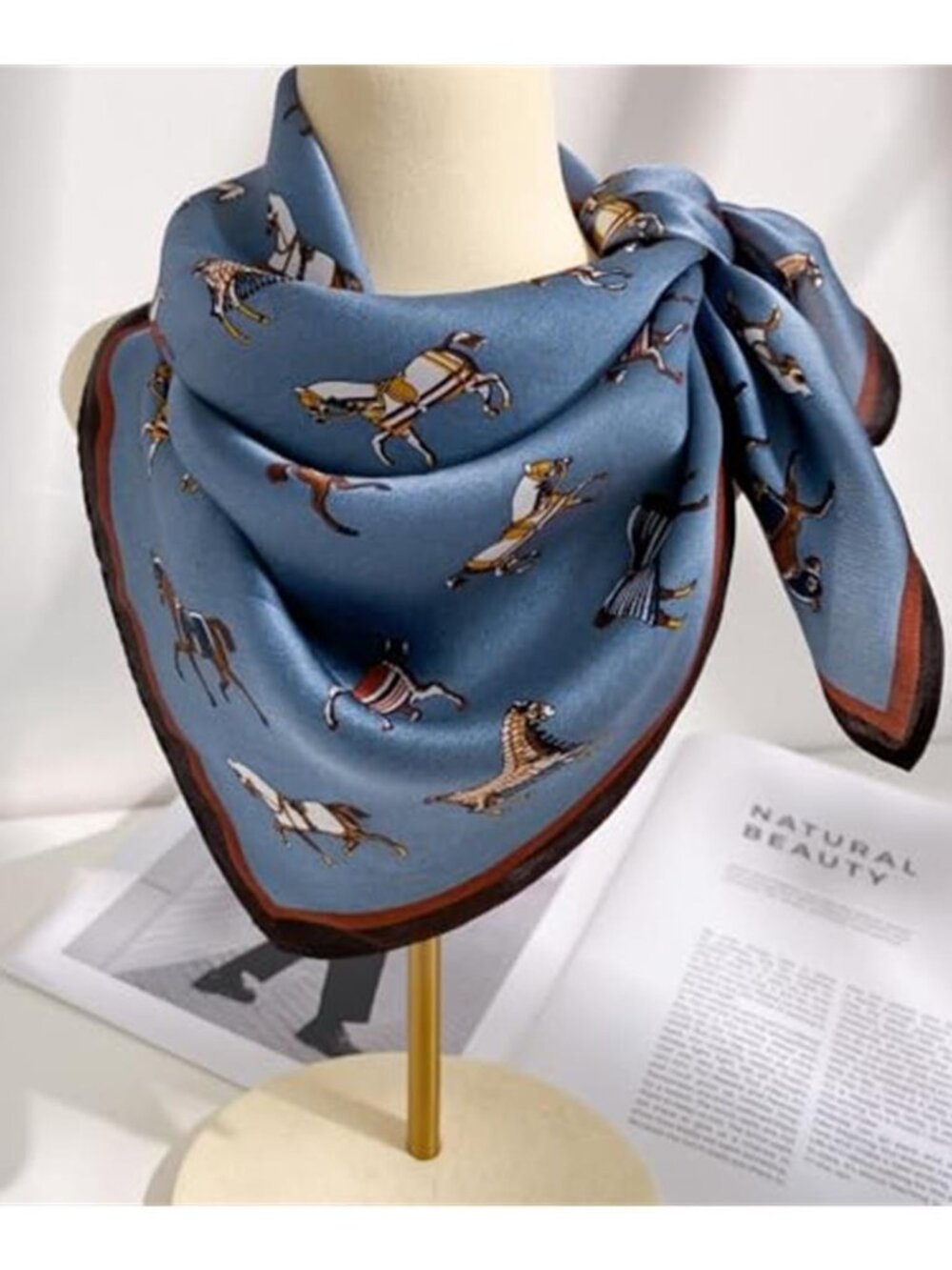 Blue Brown Square Scarf 100% Mulberry Silk Printed Hair Head Wrap 21" x 21"